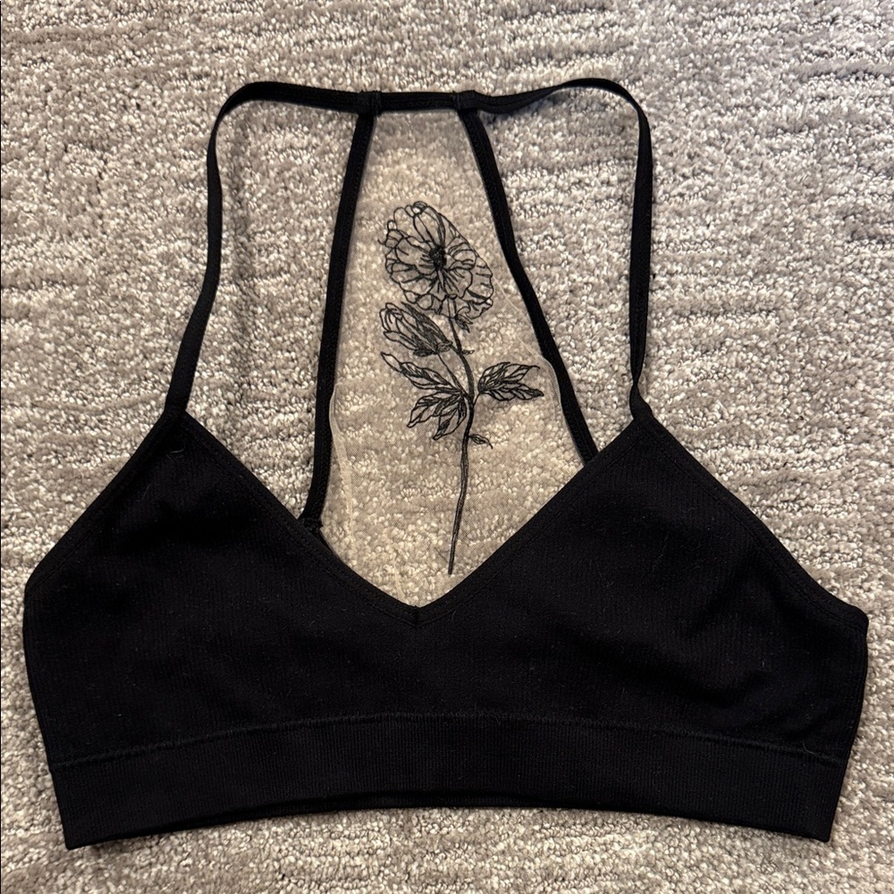 Womens Elegant Black Stretch Floral Mesh Bralette Size XS/S